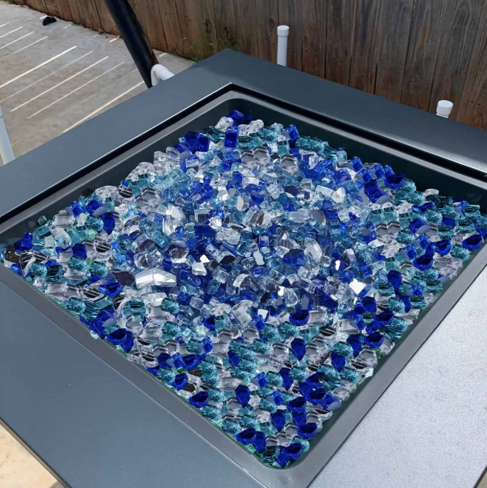 VEVOR Fire Glass, 10 LBS / 4.5 KG Fireplace Rocks, 1/2-Inch / 12.7 mm Reflective Firepit Glass Rock, High Luster & Smokeless Stone Landscaping for Fire Pit Table, Cobalt Blue + Aqua Blue + Clear