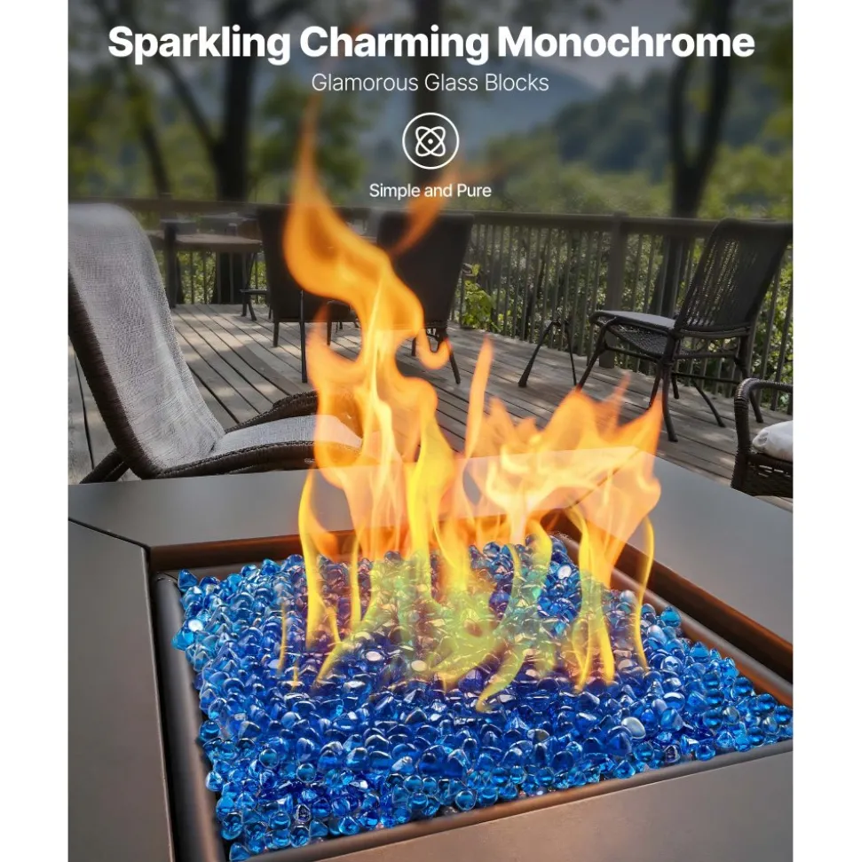 VEVOR Fire Glass, 20 LBS / 9 KG High-Temperature Resistant Fireplace Rocks, 1 Inch / 25.4 mm Reflective Firepit Glass Diamond Beads, High Luster Stone Landscaping for Fire Pit Table, Caribbean Blue