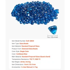 VEVOR Fire Glass, 20 LBS / 9 KG High-Temperature Resistant Fireplace Rocks, 1 Inch / 25.4 mm Reflective Firepit Glass Diamond Beads, High Luster Stone Landscaping for Fire Pit Table, Caribbean Blue