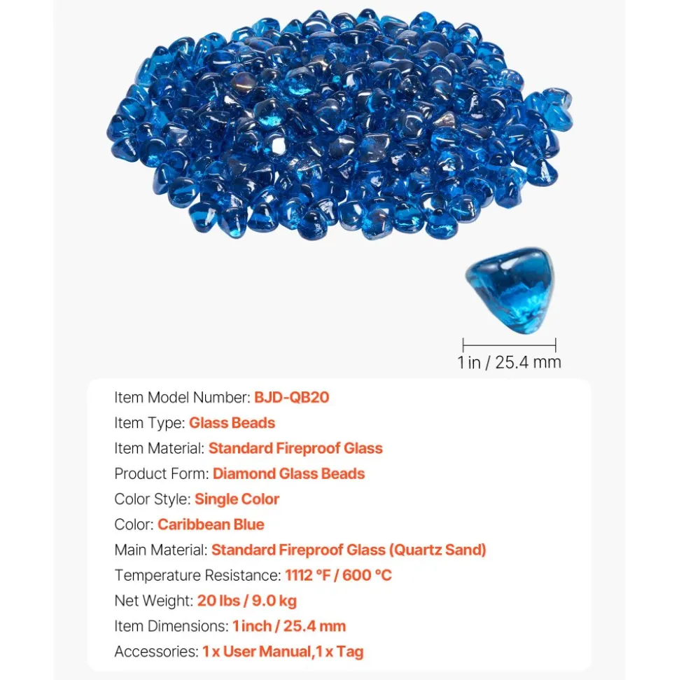 VEVOR Fire Glass, 20 LBS / 9 KG High-Temperature Resistant Fireplace Rocks, 1 Inch / 25.4 mm Reflective Firepit Glass Diamond Beads, High Luster Stone Landscaping for Fire Pit Table, Caribbean Blue