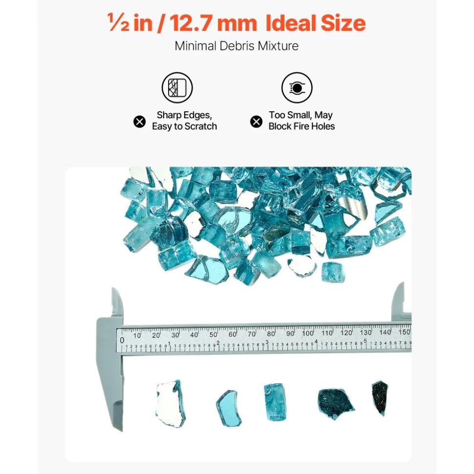 VEVOR Fire Glass, 20 LBS / 9 KG High-Temperature Resistant Fireplace Rocks, 1/2-Inch / 12.7 mm Reflective & Smokeless Firepit Glass Rock, High Luster Stone Landscaping for Fire Pit Table, Aqua Blue