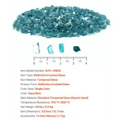 VEVOR Fire Glass, 20 LBS / 9 KG High-Temperature Resistant Fireplace Rocks, 1/2-Inch / 12.7 mm Reflective & Smokeless Firepit Glass Rock, High Luster Stone Landscaping for Fire Pit Table, Aqua Blue