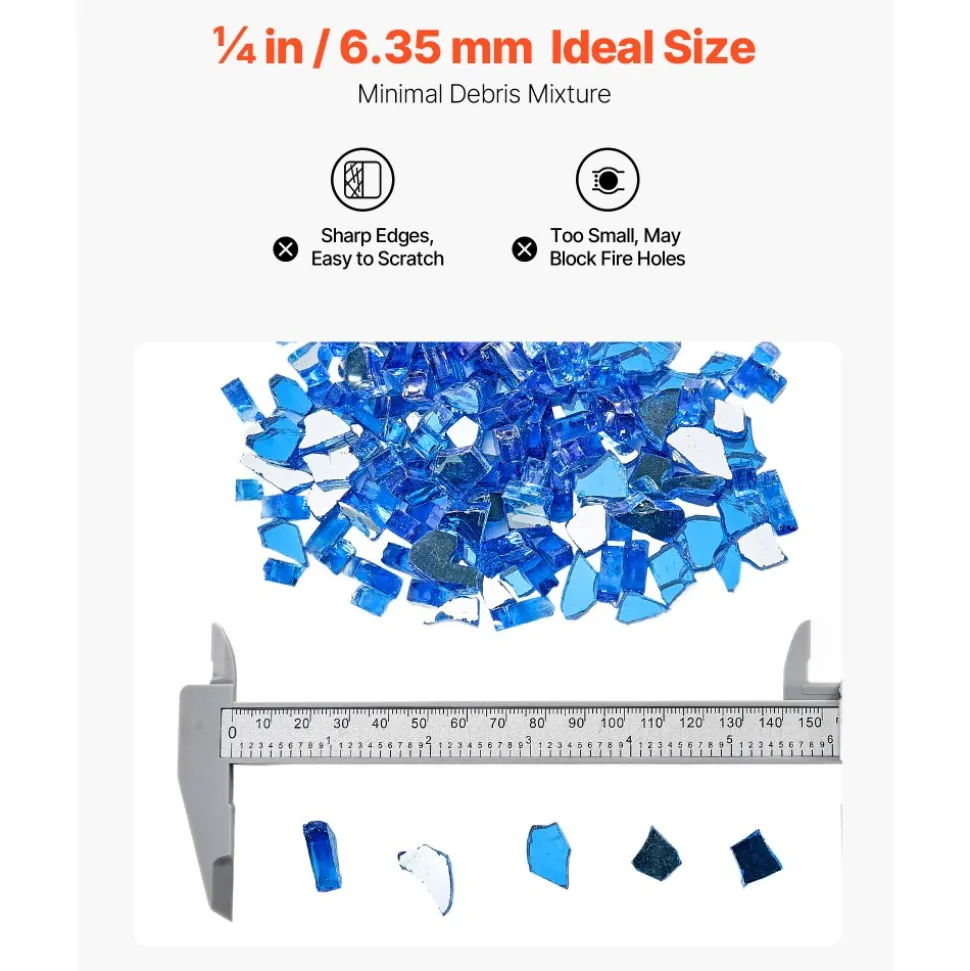 VEVOR Fire Glass, 10LBS / 4.5KG High-Temperature Resistant Fireplace Rocks, 1/4-Inch / 6.35 mm Reflective & Smokeless Firepit Glass Rock, High Luster Stone Landscaping for Fire Pit Table, Cobalt Blue