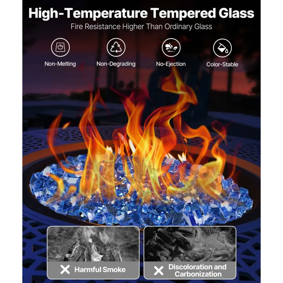 VEVOR Fire Glass, 10LBS / 4.5KG High-Temperature Resistant Fireplace Rocks, 1/4-Inch / 6.35 mm Reflective & Smokeless Firepit Glass Rock, High Luster Stone Landscaping for Fire Pit Table, Cobalt Blue