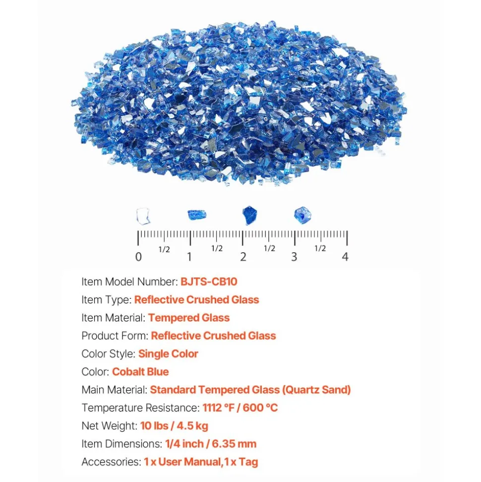 VEVOR Fire Glass, 10LBS / 4.5KG High-Temperature Resistant Fireplace Rocks, 1/4-Inch / 6.35 mm Reflective & Smokeless Firepit Glass Rock, High Luster Stone Landscaping for Fire Pit Table, Cobalt Blue