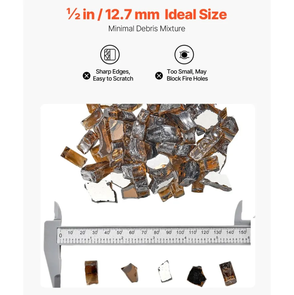 VEVOR Fire Glass, 10 LBS / 4.5 KG High-Temperature Resistant Fireplace Rocks, 1/2-Inch / 12.7 mm Reflective & Smokeless Firepit Glass Rock, High Luster Stone Landscaping for Fire Pit Table, Copper