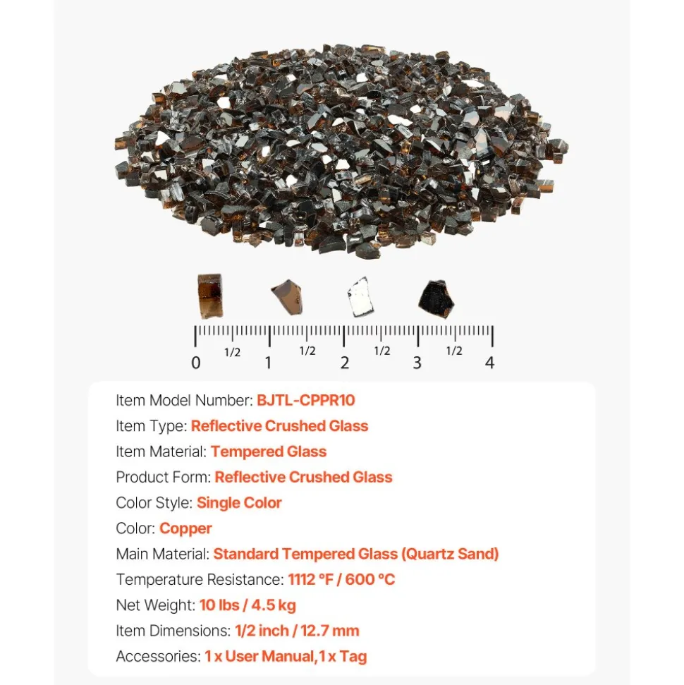 VEVOR Fire Glass, 10 LBS / 4.5 KG High-Temperature Resistant Fireplace Rocks, 1/2-Inch / 12.7 mm Reflective & Smokeless Firepit Glass Rock, High Luster Stone Landscaping for Fire Pit Table, Copper