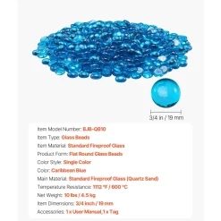 VEVOR Fire Glass, 10 lbs / 4.5 kg High-Temperature Resistant Fireplace Rocks, 3/4-Inch / 19.05 mm Reflective Firepit Glass Beads, High Luster Stone Landscaping for Fire Pit Table, Caribbean Blue