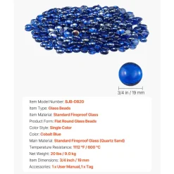 VEVOR Fire Glass, 20LBS / 9KG High-Temperature Resistant Fireplace Rocks, 1/2-Inch / 12.7 mm Reflective & Smokeless Firepit Glass Rock, High Luster Stone Landscaping for Fire Pit Table, Cobalt Blue