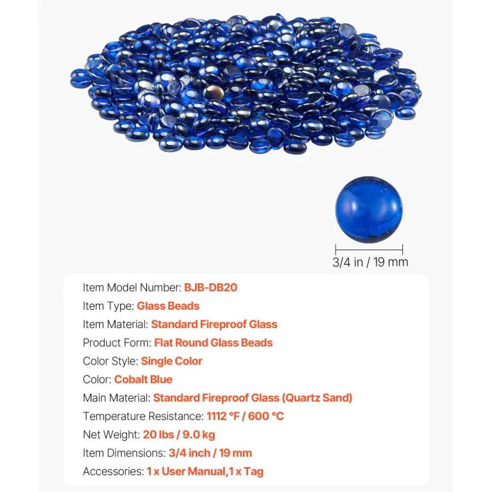 VEVOR Fire Glass, 20LBS / 9KG High-Temperature Resistant Fireplace Rocks, 1/2-Inch / 12.7 mm Reflective & Smokeless Firepit Glass Rock, High Luster Stone Landscaping for Fire Pit Table, Cobalt Blue