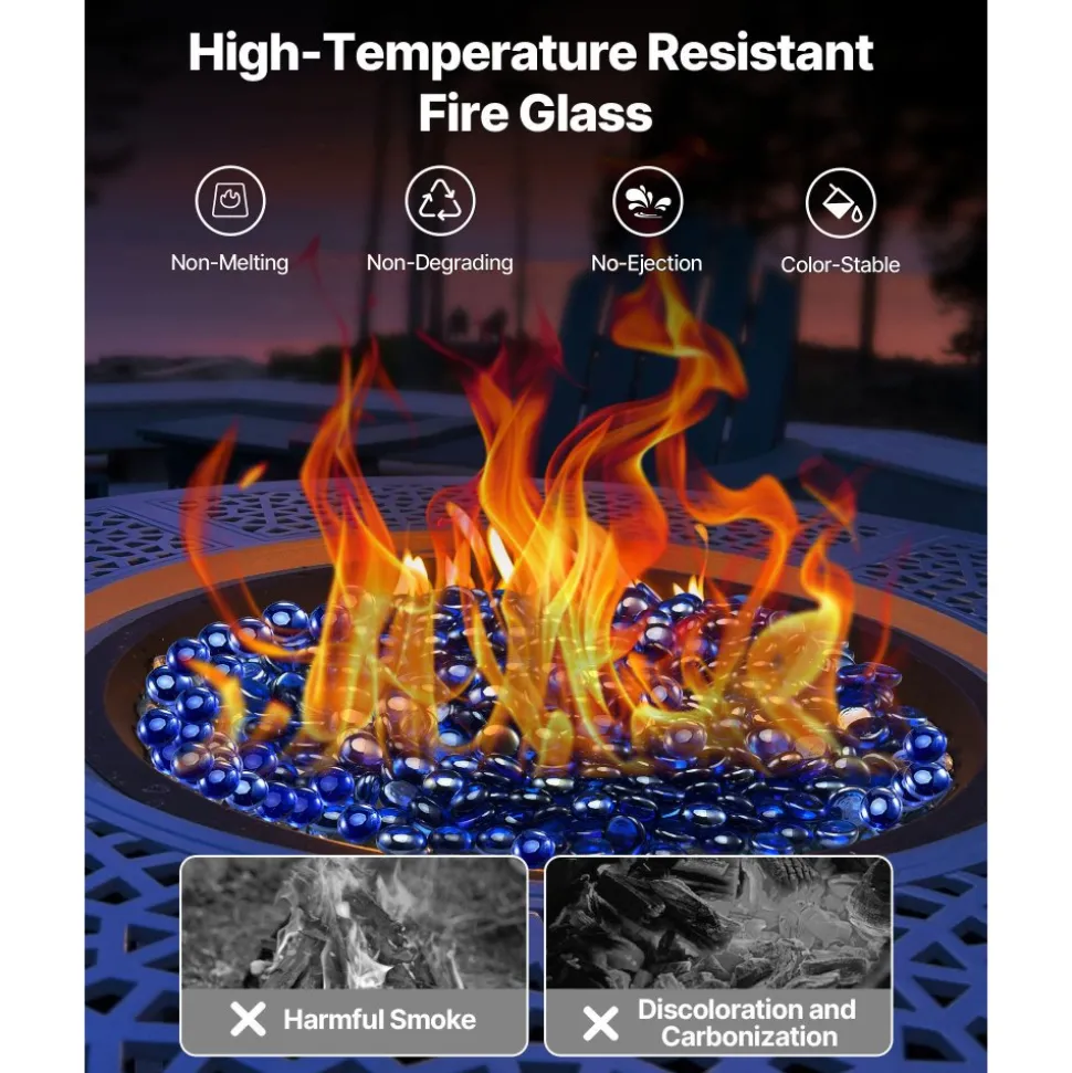 VEVOR Fire Glass, 10LBS / 4.5KG High-Temperature Resistant Fireplace Rocks, 1/2-Inch / 12.7 mm Reflective & Smokeless Firepit Glass Rock, High Luster Stone Landscaping for Fire Pit Table, Pacific Blue