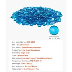 VEVOR Fire Glass, 20 lbs / 9.0 kg High-Temperature Resistant Fireplace Rocks, 3/4-Inch / 19.05 mm Reflective Firepit Glass Beads, High Luster Stone Landscaping for Fire Pit Table, Caribbean Blue