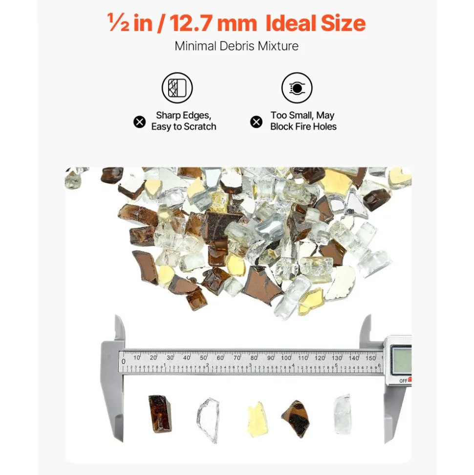 VEVOR Fire Glass, 10LBS / 4.5KG High-Temperature Resistant Fireplace Rocks, 3/4-Inch / 19.05 mm Reflective & Smokeless Firepit Glass Beads, High Luster Stone Landscaping for Fire Pit Table, Rich Amber