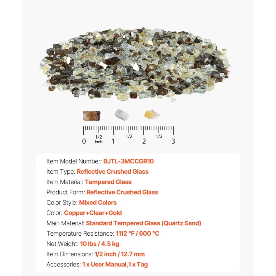 VEVOR Fire Glass, 10LBS / 4.5KG High-Temperature Resistant Fireplace Rocks, 3/4-Inch / 19.05 mm Reflective & Smokeless Firepit Glass Beads, High Luster Stone Landscaping for Fire Pit Table, Rich Amber