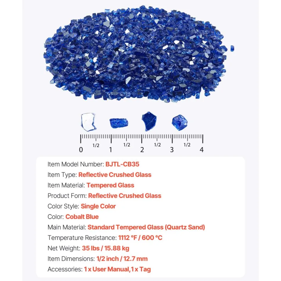 VEVOR Fire Glass, 35LBS / 15.88KG High-Temperature Resistant Fireplace Rocks, 1/2-Inch / 12.7mm Reflective & Smokeless Firepit Glass Rock, High Luster Stone Landscaping for Fire Pit Table, Cobalt Blue