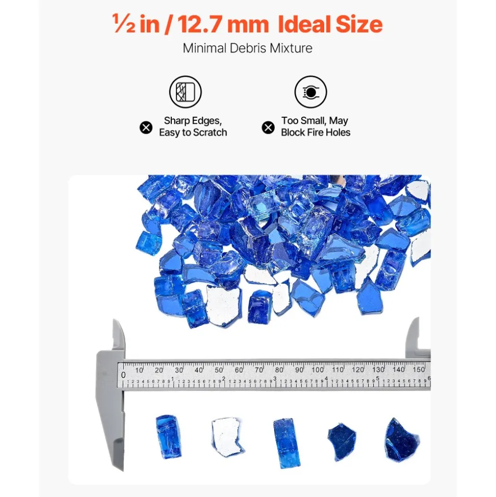 VEVOR Fire Glass, 35LBS / 15.88KG High-Temperature Resistant Fireplace Rocks, 1/2-Inch / 12.7mm Reflective & Smokeless Firepit Glass Rock, High Luster Stone Landscaping for Fire Pit Table, Cobalt Blue