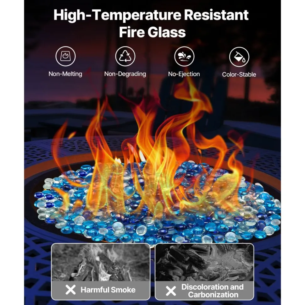 VEVOR Fire Glass, 10LBS / 4.5KG Smokeless & Fireplace Rocks, 3/4-Inch / 19.05 mm Reflective Firepit Glass Beads, High Luster Stone Landscaping for Fire Pit Table, Cobalt Blue + Caribbean Blue + Clear