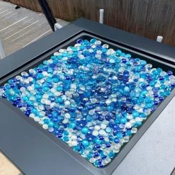 VEVOR Fire Glass, 10LBS / 4.5KG Smokeless & Fireplace Rocks, 3/4-Inch / 19.05 mm Reflective Firepit Glass Beads, High Luster Stone Landscaping for Fire Pit Table, Cobalt Blue + Caribbean Blue + Clear