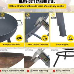 VEVOR Fire Pit Bowl, 34-Inch Diameter Round Carbon Steel Fire Bowl, Wood Burning for Outdoor Patios, Backyards & Camping Uses, with A Drain Hole, Portable Handles and A Firewood Stick, Black