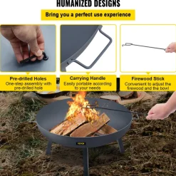 VEVOR Fire Pit Bowl, 34-Inch Diameter Round Carbon Steel Fire Bowl, Wood Burning for Outdoor Patios, Backyards & Camping Uses, with A Drain Hole, Portable Handles and A Firewood Stick, Black