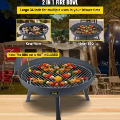 VEVOR Fire Pit Bowl, 34-Inch Diameter Round Carbon Steel Fire Bowl, Wood Burning for Outdoor Patios, Backyards & Camping Uses, with A Drain Hole, Portable Handles and A Firewood Stick, Black