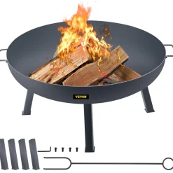 VEVOR Fire Pit Bowl, 34-Inch Diameter Round Carbon Steel Fire Bowl, Wood Burning for Outdoor Patios, Backyards & Camping Uses, with A Drain Hole, Portable Handles and A Firewood Stick, Black