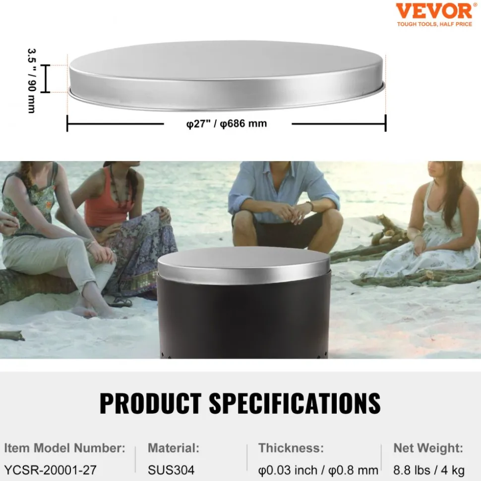 VEVOR Fire Pit Cover Lid, 27" Portable Firepit Spark Screen,Stainless Steel Steel Metal Cover, Easy-Opening Outdoor Wood Burning and Camping Stove Accessory, for Outdoor Patio Fire Pits Backyard