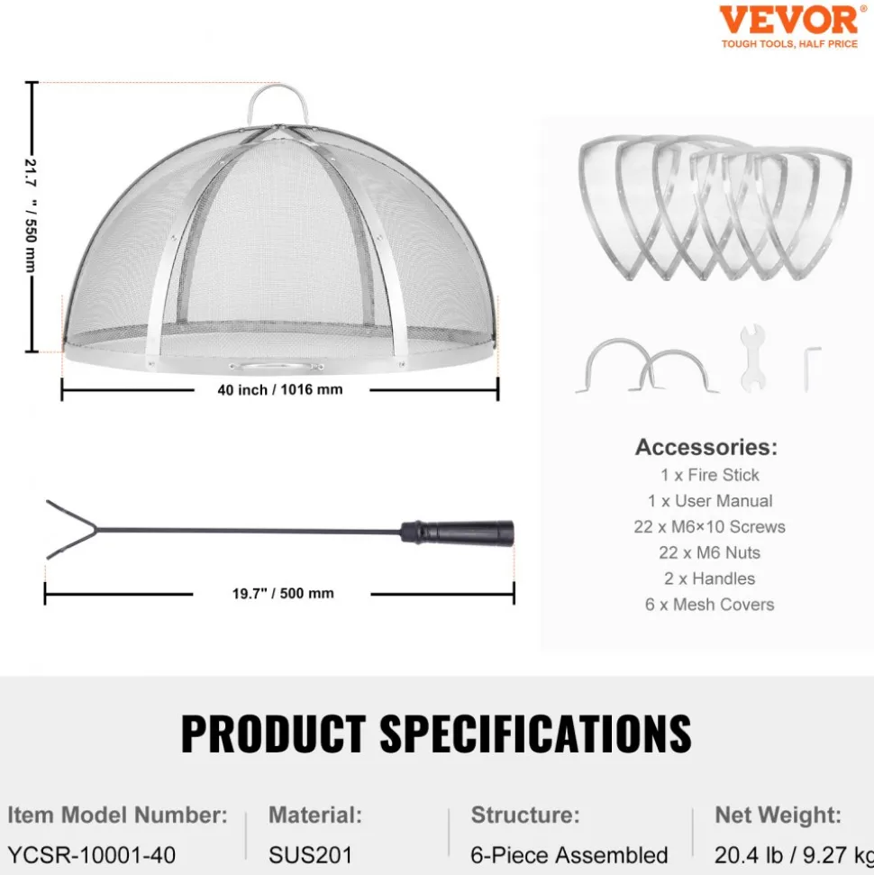 VEVOR Firepit Spark Screen Lid, 40" Diameter, Outdoor Firepit Ring Cover Round Accessories, Fire Pit Metal Cover, Easy-Opening Stainless Steel Fire Ring Covers for Outdoor Patio Fire Pits Backyard