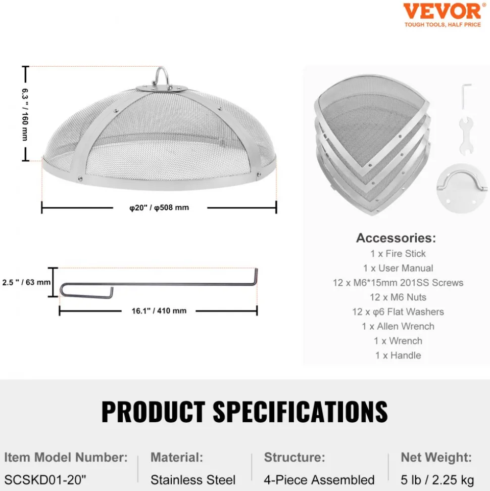 VEVOR Fire Pit Spark Screen Round 20", Reinforced Heavy Duty Steel Metal Cover, Outdoor Firepit Lid, Easy-Opening Top Screen Covers Round with Ring Handle for Outdoor Patio Fire Pits Backyard