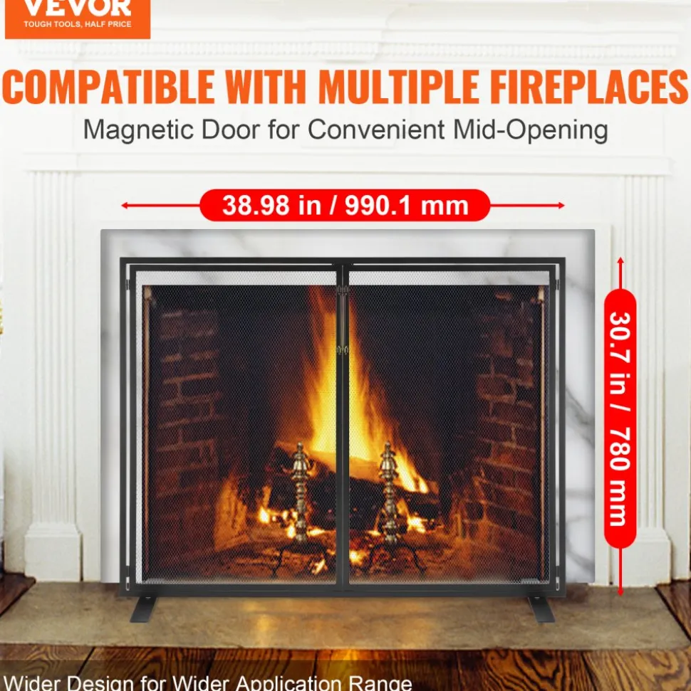 VEVOR Fireplace Screen 1 Panel with Door, Sturdy Iron Mesh Fireplace Screen, 38.98"(L) x30.7"(H) Spark Guard Cover, Simple Installation, Free Standing Fire Fence Grate for Living Room Home Decor Moder