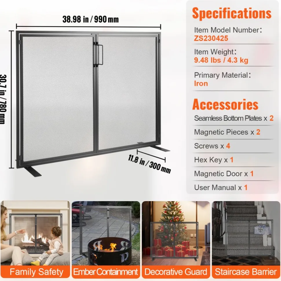 VEVOR Fireplace Screen 1 Panel with Door, Sturdy Iron Mesh Fireplace Screen, 38.98"(L) x30.7"(H) Spark Guard Cover, Simple Installation, Free Standing Fire Fence Grate for Living Room Home Decor Moder