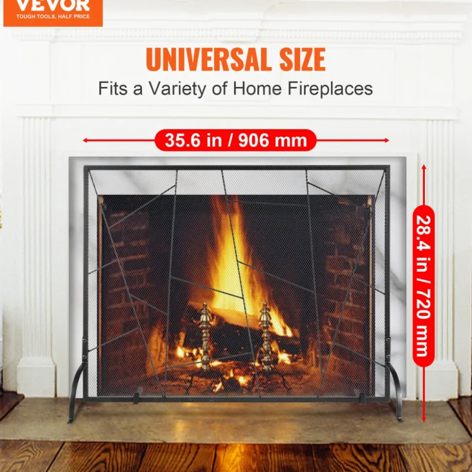 VEVOR Fireplace Screen Single Panel, Sturdy Iron Mesh Fireplace Screen, 35.6"(L) x28.4"(H) Spark Guard Cover, Simple Installation, Free Standing Fire Fence Grate for Living Room Home Decor Modern