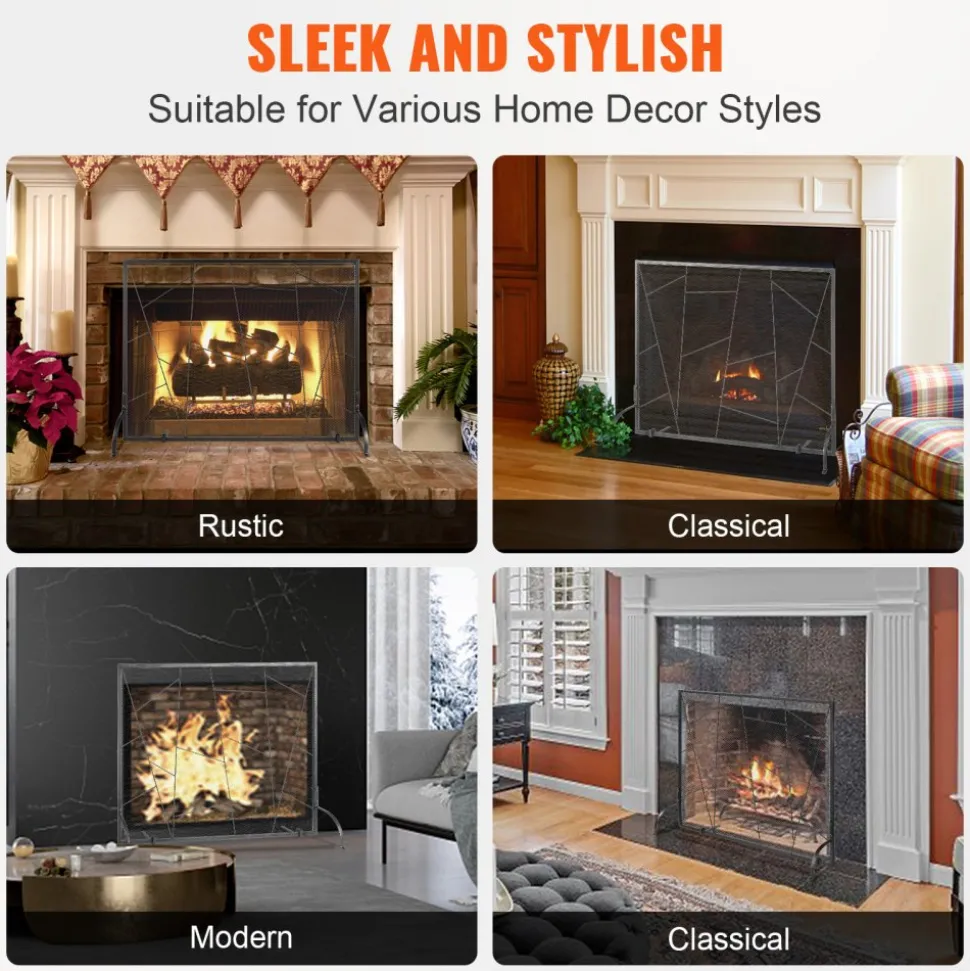 VEVOR Fireplace Screen Single Panel, Sturdy Iron Mesh Fireplace Screen, 35.6"(L) x28.4"(H) Spark Guard Cover, Simple Installation, Free Standing Fire Fence Grate for Living Room Home Decor Modern