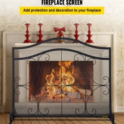 VEVOR Fireplace Screen, 38 x 26.5 Inch,Heavy Duty Iron Freestanding Spark Guard with Support, Metal Mesh Craft, Broom Tong Shovel Poker Included for Fireplace Decoration & Protection, Black