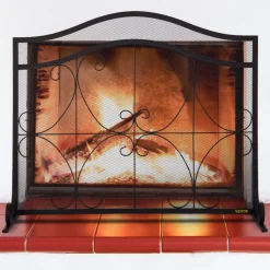 VEVOR Fireplace Screen, 38 x 26.5 Inch,Heavy Duty Iron Freestanding Spark Guard with Support, Metal Mesh Craft, Broom Tong Shovel Poker Included for Fireplace Decoration & Protection, Black