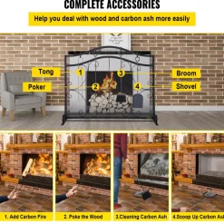 VEVOR Fireplace Screen, 38 x 26.5 Inch,Heavy Duty Iron Freestanding Spark Guard with Support, Metal Mesh Craft, Broom Tong Shovel Poker Included for Fireplace Decoration & Protection, Black