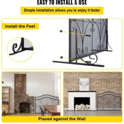 VEVOR Fireplace Screen, 38 x 26.5 Inch,Heavy Duty Iron Freestanding Spark Guard with Support, Metal Mesh Craft, Broom Tong Shovel Poker Included for Fireplace Decoration & Protection, Black