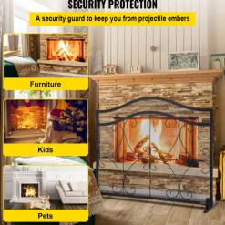 VEVOR Fireplace Screen, 38 x 26.5 Inch,Heavy Duty Iron Freestanding Spark Guard with Support, Metal Mesh Craft, Broom Tong Shovel Poker Included for Fireplace Decoration & Protection, Black