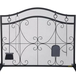 VEVOR Fireplace Screen, 38 x 26.5 Inch,Heavy Duty Iron Freestanding Spark Guard with Support, Metal Mesh Craft, Broom Tong Shovel Poker Included for Fireplace Decoration & Protection, Black
