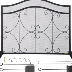 VEVOR Fireplace Screen, 38 x 26.5 Inch,Heavy Duty Iron Freestanding Spark Guard with Support, Metal Mesh Craft, Broom Tong Shovel Poker Included for Fireplace Decoration & Protection, Black