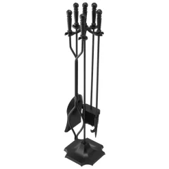 VEVOR Fireplace Tool Set, 5 PCS Fire Tool Set and Holder with Five-Prong Stand, Tongs, Ash Shovel, Brush, Fire Place Poker, Wrought Iron Fireplace Accessories for Campfire Indoor/Outdoor, Black
