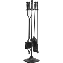 VEVOR Fireplace Tool Set, 5 PCS Fire Tool Set and Holder with Five-Prong Stand, Tongs, Ash Shovel, Brush, Fire Place Poker, Wrought Iron Fireplace Accessories for Campfire Indoor/Outdoor, Black