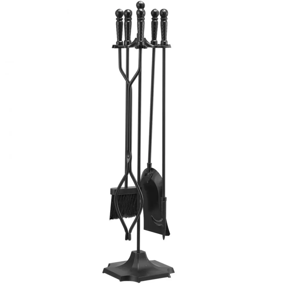 VEVOR Fireplace Tool Set, 5 PCS Fire Tool Set and Holder with Five-Prong Stand, Tongs, Ash Shovel, Brush, Fire Place Poker, Wrought Iron Fireplace Accessories for Campfire Indoor/Outdoor, Black