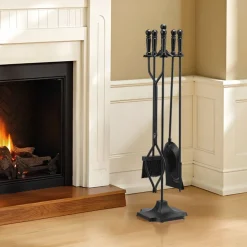 VEVOR Fireplace Tool Set, 5 PCS Fire Tool Set and Holder with Five-Prong Stand, Tongs, Ash Shovel, Brush, Fire Place Poker, Wrought Iron Fireplace Accessories for Campfire Indoor/Outdoor, Black