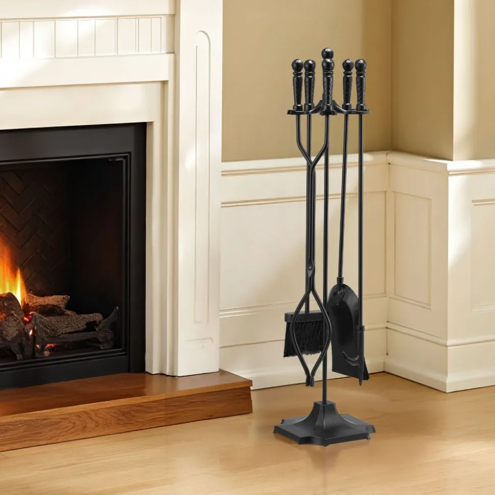 VEVOR Fireplace Tool Set, 5 PCS Fire Tool Set and Holder with Five-Prong Stand, Tongs, Ash Shovel, Brush, Fire Place Poker, Wrought Iron Fireplace Accessories for Campfire Indoor/Outdoor, Black