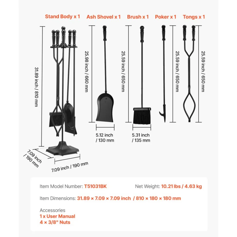 VEVOR Fireplace Tool Set, 5 PCS Fire Tool Set and Holder with Five-Prong Stand, Tongs, Ash Shovel, Brush, Fire Place Poker, Wrought Iron Fireplace Accessories for Campfire Indoor/Outdoor, Black