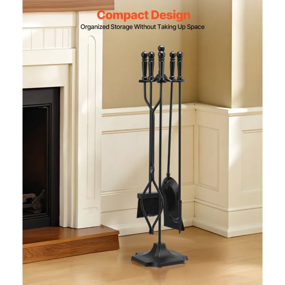 VEVOR Fireplace Tool Set, 5 PCS Fire Tool Set and Holder with Five-Prong Stand, Tongs, Ash Shovel, Brush, Fire Place Poker, Wrought Iron Fireplace Accessories for Campfire Indoor/Outdoor, Black