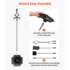 VEVOR Fireplace Tool Set, 5 PCS Fire Tool Set and Holder with Five-Prong Stand, Tongs, Ash Shovel, Brush, Fire Place Poker, Wrought Iron Fireplace Accessories for Campfire Indoor/Outdoor, Black
