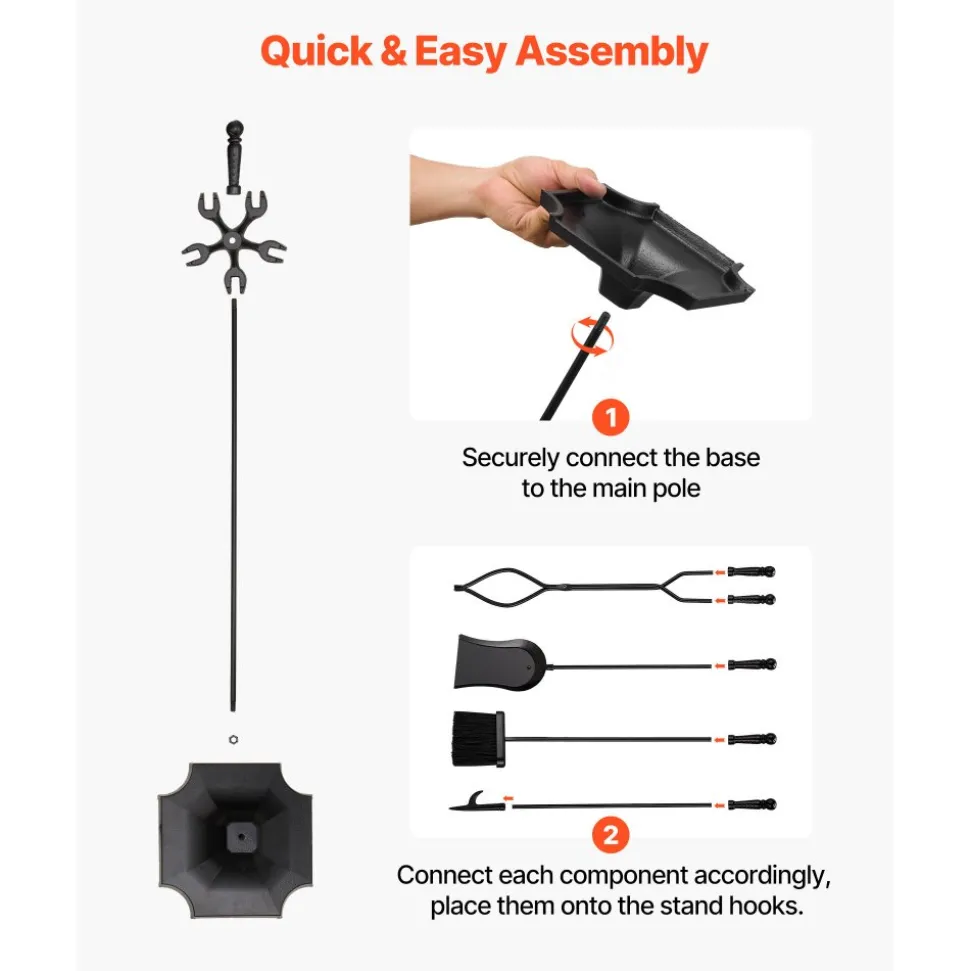 VEVOR Fireplace Tool Set, 5 PCS Fire Tool Set and Holder with Five-Prong Stand, Tongs, Ash Shovel, Brush, Fire Place Poker, Wrought Iron Fireplace Accessories for Campfire Indoor/Outdoor, Black