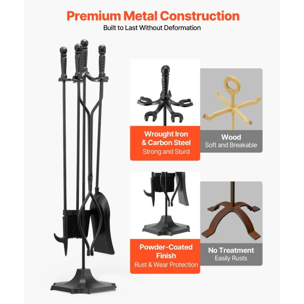 VEVOR Fireplace Tool Set, 5 PCS Fire Tool Set and Holder with Five-Prong Stand, Tongs, Ash Shovel, Brush, Fire Place Poker, Wrought Iron Fireplace Accessories for Campfire Indoor/Outdoor, Black